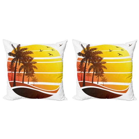 Ambesonne Tropical Throw Pillow Cover 2 Pack, Beach Palm Trees Birds, 24", Yellow Coral Brown