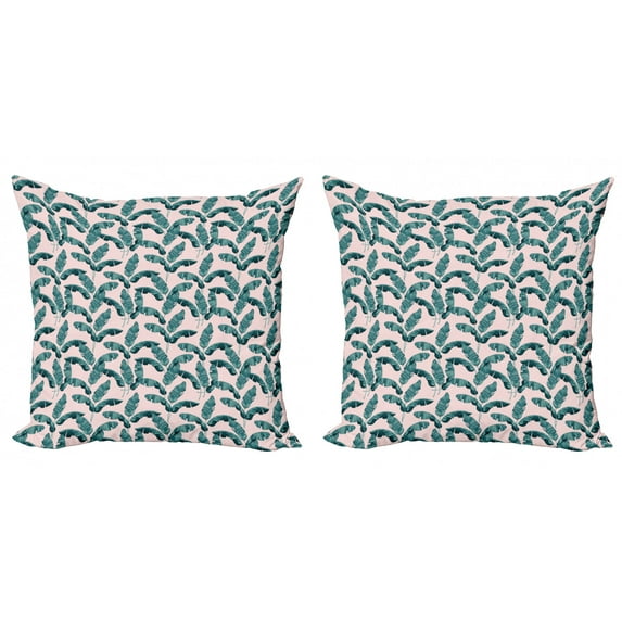 Ambesonne Tropical Throw Pillow Cover 2 Pack, Exotic Banana Leaves, 16", Pale Pink and Teal