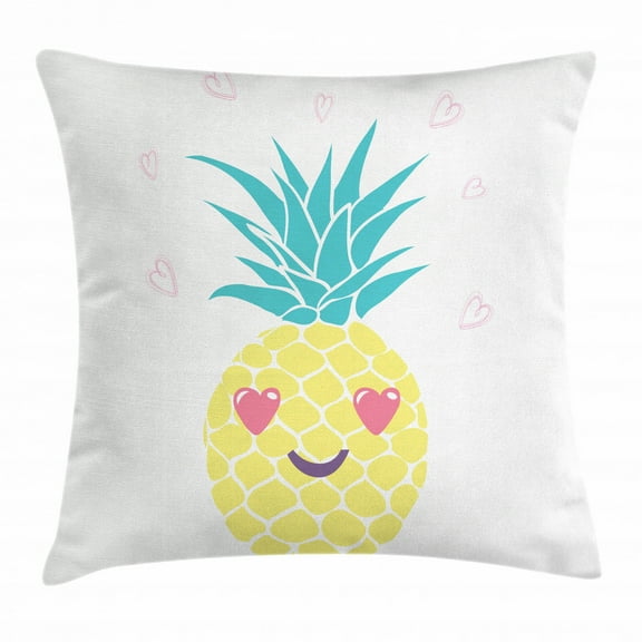 Tropical Throw Pillow Cushion Cover, Pineapple Design with a Smile and Heart Eyes Tropical Love Themed Fruit Portrait, Decorative Square Accent Pillow Case, 16 X 16 Inches, Multicolor, by Ambesonne