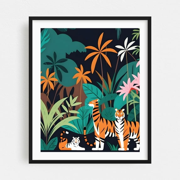 Tropical Tiger Trio - Illustration Jungle Wildlife Tropical Animal Floral Botanical Nature Black Framed Wall Art Print 9 x 12 inches