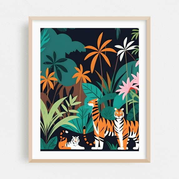 Tropical Tiger Trio - Illustration Jungle Wildlife Tropical Animal Floral Botanical Nature Oak Framed Wall Art Print 9 x 12 inches