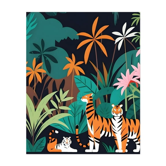 Tropical Tiger Trio - Illustration Jungle Wildlife Tropical Animal Floral Botanical Nature Unframed Wall Art Print 16 x 20 inches