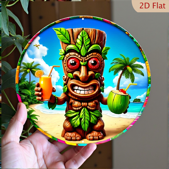 Tropical Tiki Bar Metal Wall Art, Round Aluminum Decorative Sign, Polynesian Vacation Beach Decor, 8x8 Inch Island Style Hanging Plaque for Home or Patio