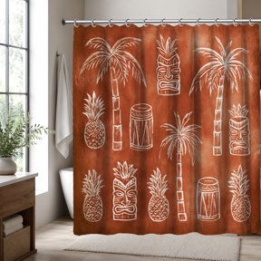 Tropical Tiki Shower Curtain, Terracotta Palm Tree Pineapple Bathroom Decor, Hawaiian Island Tribal Mask Bath Curtain, Retro Boho Beach Bathroom Accessories, 70.87 x 70.87 Inch