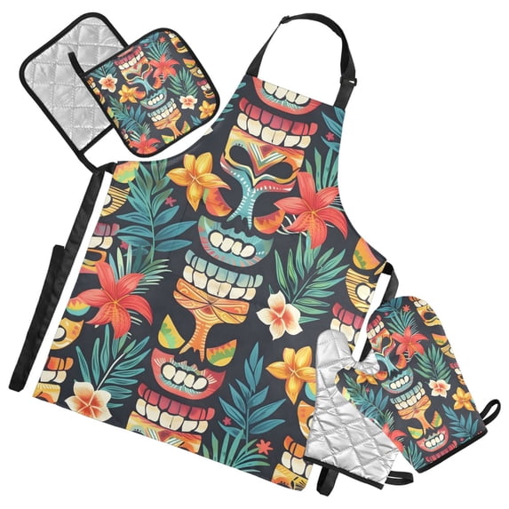 Tropical Totem Mask Flower 5 Pcs Kitchen Set Heat Resistant Oven Mitts and Non-Slip Pot Holders with Adjustable Cooking Apron