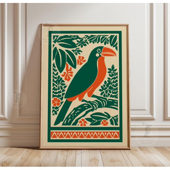 Tropical Toucan Art Print Emerald Jungle Bird Poster Folk Botanical Wall Art
