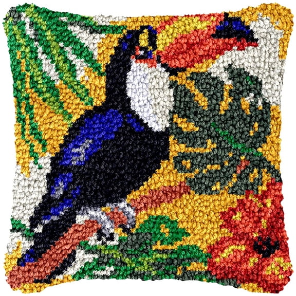 Tropical Toucan Latch Hook Kits Pillow Cover DIY Rug Making Crochet Hook Cushion Making Kits with Preprinted Pattern Canvas DIY Needlework Crochet Kits Sofa Decor 43x43cm