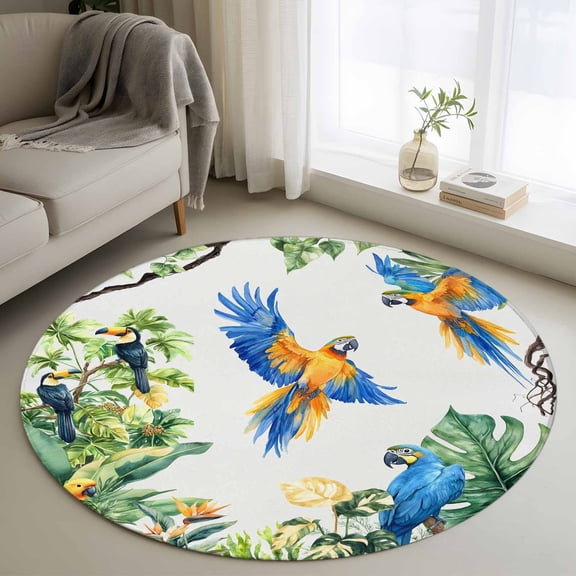 Tropical Toucan Parrot 3ft Area Rug, Summer Palm Leaf Watercolor Washable Non-Slip Small Round Rugs for Entryway Bedroom Kitchen, Soft Circle Carpet for Dining Room, Playroom Nursery Rug