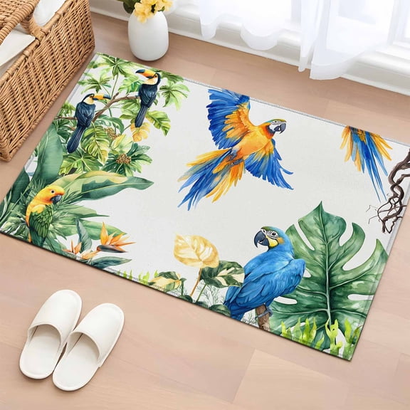 Tropical Toucan Parrot Bathroom Rug Washable 2x3 Entryway Rug Non Slip Summer Palm Leaf Watercolor Front Door Mat Low Pile Indoor Doormat Throw Floor Carpet for Kitchen Bedroom Entrance