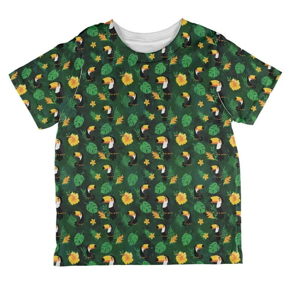 Tropical Toucan Rainforest Repeat Pattern All Over Toddler T Shirt Green 4T