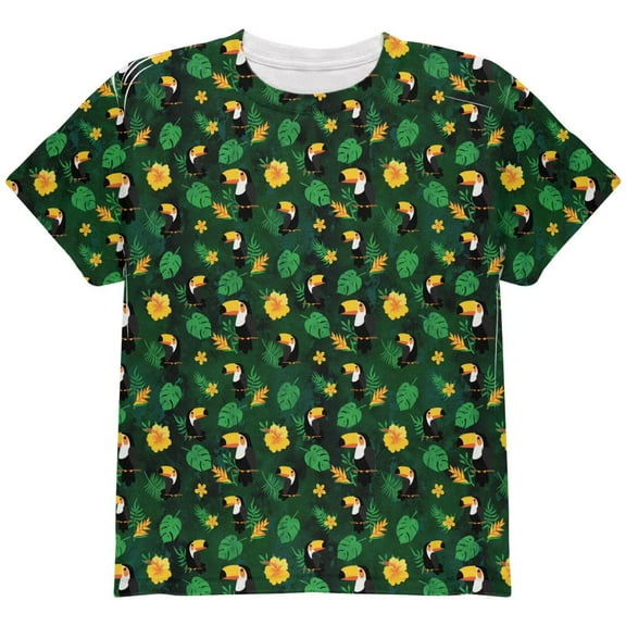 Tropical Toucan Rainforest Repeat Pattern All Over Youth T Shirt Green YSM