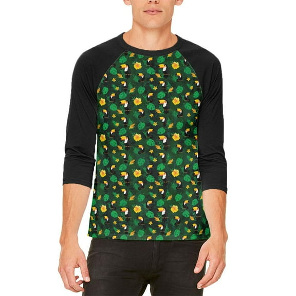 Tropical Toucan Rainforest Repeat Pattern Mens Raglan T Shirt Green X-LG