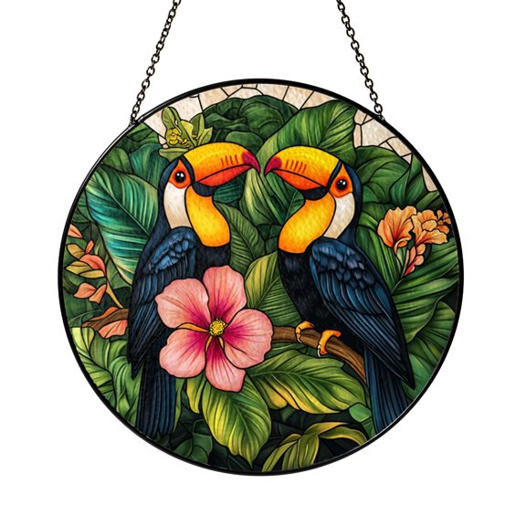 Tropical Toucan Stained Glass Suncatcher, Round Window Hanging with Floral Jungle Art, Nature Inspired Home Decor