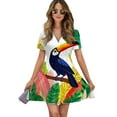 thumbnail image 1 of Tropical Toucan Vibrant Leaves Art Women Dress V-Neck Short Sleeve Flowy Swing Party Midi Dress, 1 of 4