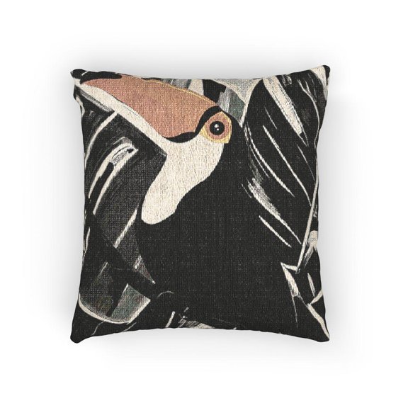 Tropical Toucan and Leaf Woven Pillow, Black White Orange Cotton-Polyester Home Accent
