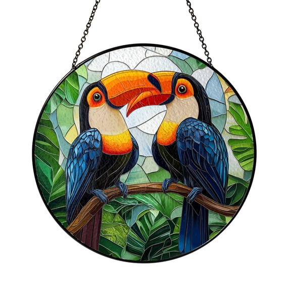 Tropical Toucans Stained Glass Sun Catcher, Rainforest Scene Window Decor, Gift for Bird Lovers