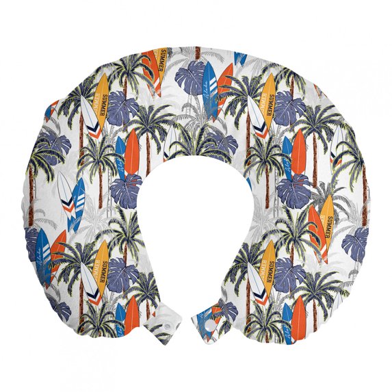 Tropical Travel Pillow Neck Rest, Continuous Palm Trees Surfboards Monstera Leaves Illustration on Plain Backdrop, Memory Foam Traveling Accessory Airplane and Car, 12", Multicolor, by Ambesonne