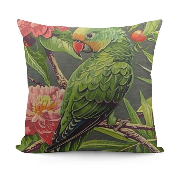 Tropical Tree Throw Pillow Cover Flowers Hibiscus Blooming Strelitzia Protea Palm Leaves Parrot Ara Toucan Decorative Square Pillow Case for Home Bedroom Living Room Cushion Cover
