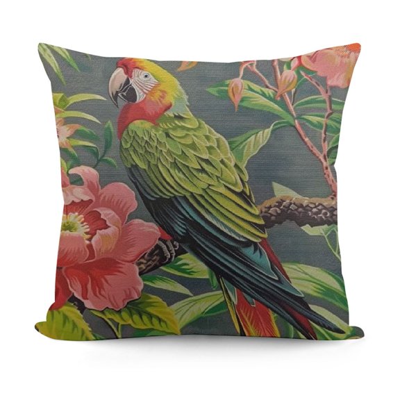 Tropical Tree Throw Pillow Cover Flowers Hibiscus Blooming Strelitzia Protea Palm Leaves Parrot Ara Toucan Decorative Square Pillow Case for Home Bedroom Living Room Cushion Cover