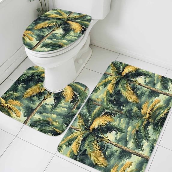 Tropical Trees Bathroom Rugs Set Watercolor Summer Forest Paintings Non Slip Absorbent Soft Bath Mats 3 Piece Set with Bathroom Rug, U-Shaped Floor Mat, Toilet Seat Cover Large Size