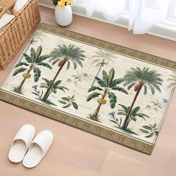 Tropical Trees Entryway Rug 2'x3' Vintage Country Banana Palm Tree Brown Border Small Area Rug Non-Slip Front Door Mat Washable Floor Carpet for Indoor Entrance Kitchen Bathroom