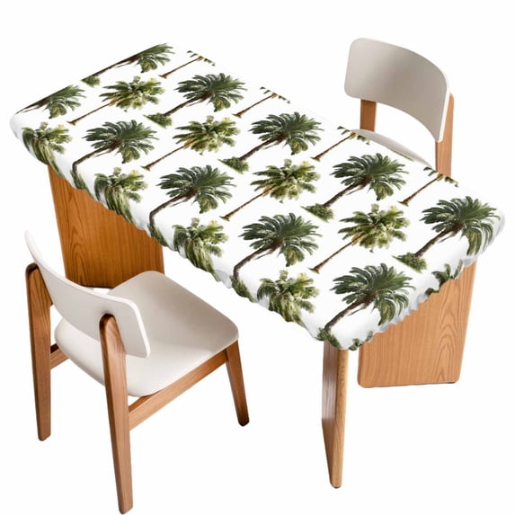 Tropical Trees Table Cloths for 4 Foot Rectangle Tables, Summer Palm Trees Botanical Vintage Green Patio Waterproof Elastic Fitted Tablecloths, Washable Rectangular Table Cover for Camping