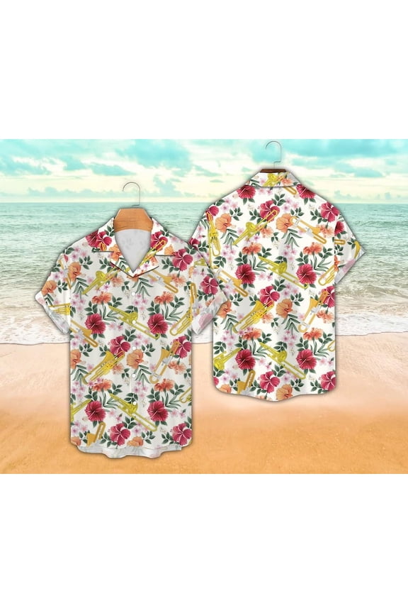 Tropical Trombone Hawaiian Shirt, Trombone Player Button Down Shirt, Summer Hawaiian Shirt, Trombone Lovers Shirt, Trombonist Gift
