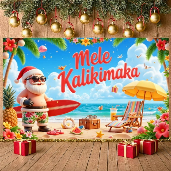 Tropical Tropical Christmas Banner Beach Scene Hawaiian Christmas Display Surfboard Decor Palm Tree Beach Santa Backdrop for Christmas Party Hawaiian Theme Party Summer Celebration