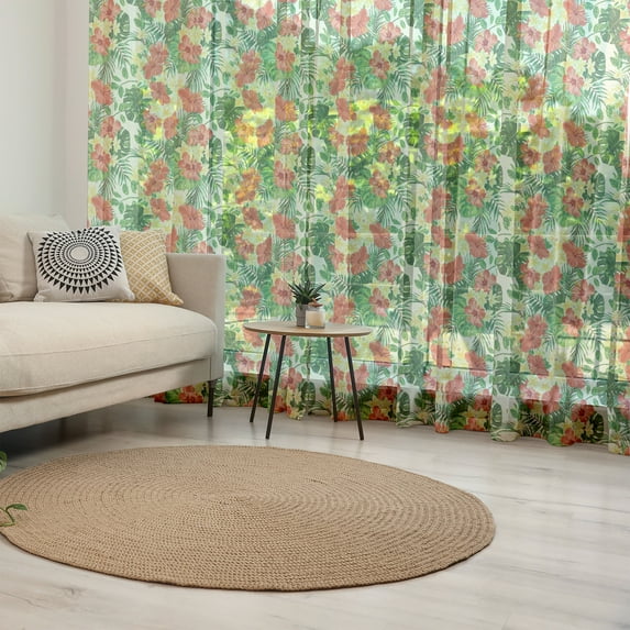 Tropical Tulle Curtains with Rod Pocket, Exotic Pattern with Plumeria Hibiscus Monstera Palm Flowers and Leaves, Sheer Drape for Wedding Party 2 Panels, 7 Sizes, Red Pale Yellow Green, by Ambesonne