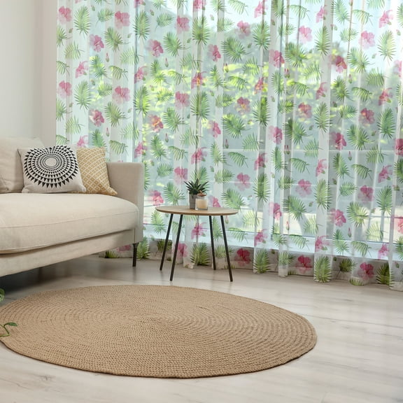 Tropical Tulle Curtains with Rod Pocket, Pink Hibiscus Flowers with Green Palm Foliage Hawaiian Jungle in Summer, Sheer Drape for Wedding Party 2 Panels, 7 Sizes, Green Pink and White, by Ambesonne