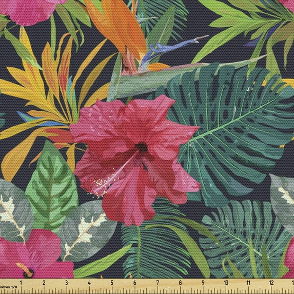 Ambesonne Tropical Fabric by the Yard Upholstery, Island Leaves Hibiscus, 2 Yards, Multicolor