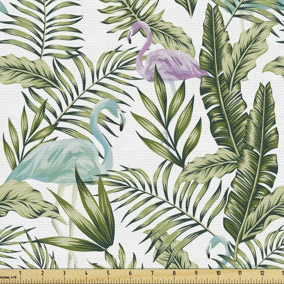 Tropical Upholstery Fabric by the Yard, Composition of Jungle Palm Leaves and Exotic Flamingos, Decorative Fabric for DIY and Home Accents, Olive Green Multicolor by Ambesonne