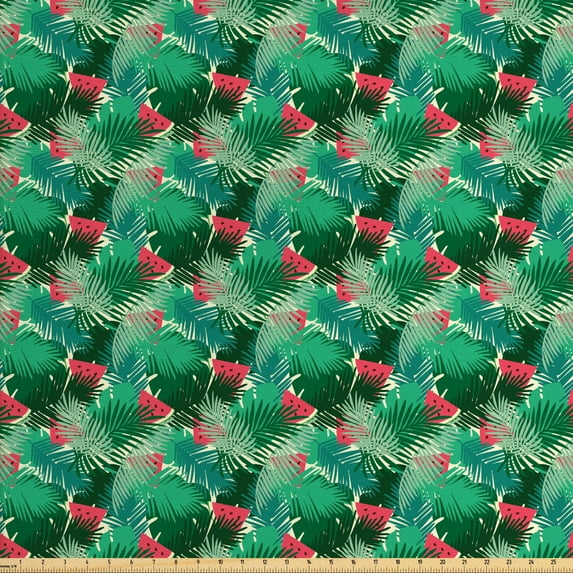 Ambesonne Tropical Fabric by the Yard Upholstery, Juicy Watermelon Slices, 5 Yards, Dark Coral Sea Green