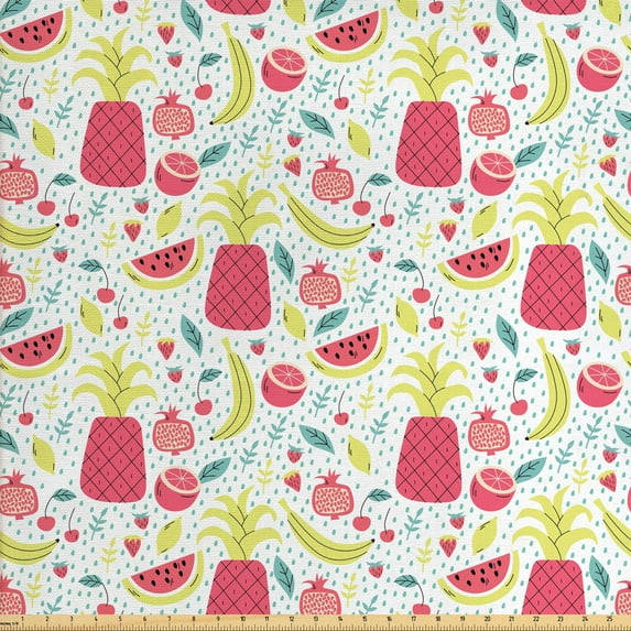 Tropical Upholstery Fabric by the Yard, Exotic Composition with Watermelon Banana and Pomegranate on Dotted Background, Decorative Fabric for DIY and Home Accents, Multicolor by Ambesonne
