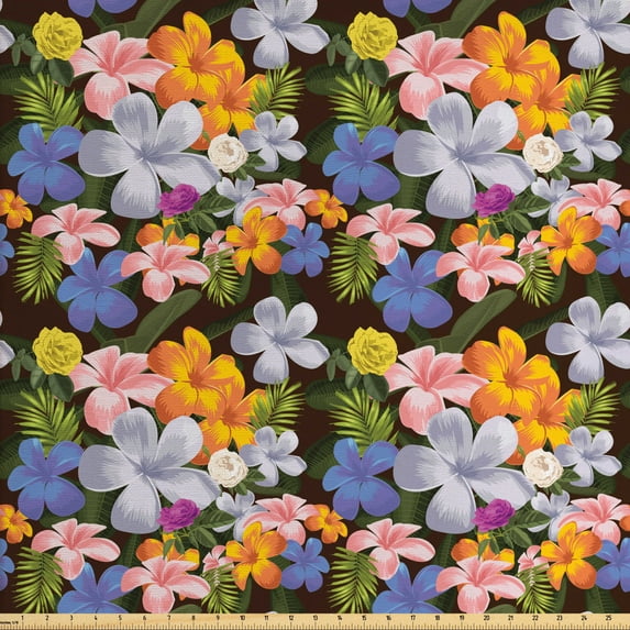 Ambesonne Tropical Fabric by the Yard Upholstery, Colorful Various Flowers, 2 Yards, Charcoal Grey Multicolor