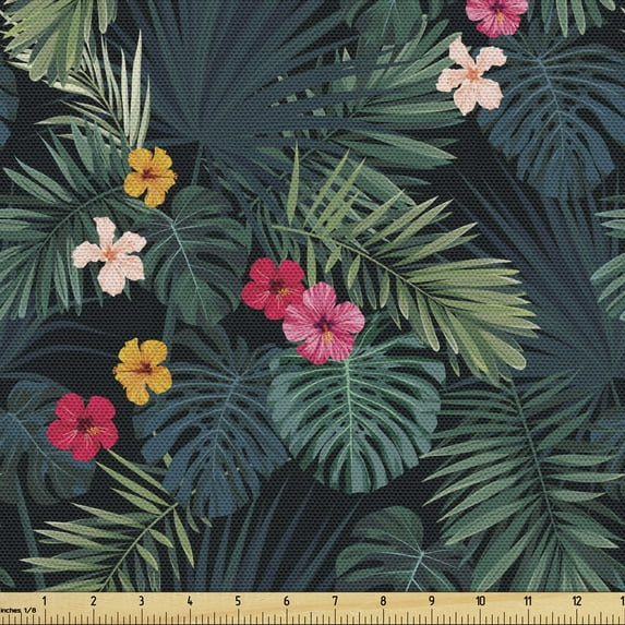Ambesonne Tropical Fabric by the Yard Upholstery, Realistic Rainforest Flora, 1 Yard, Multicolor