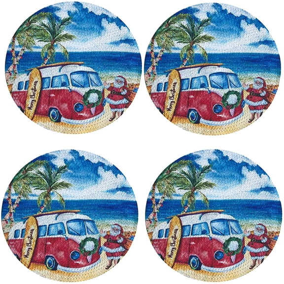 Tropical VW Vintage Surfer Bus Christmas Print 15 Round Braided Round Placemat Set by Lintex, 100% Cotton Thick Braided Holiday Place Mats , Set of 4 Christmas Placemats