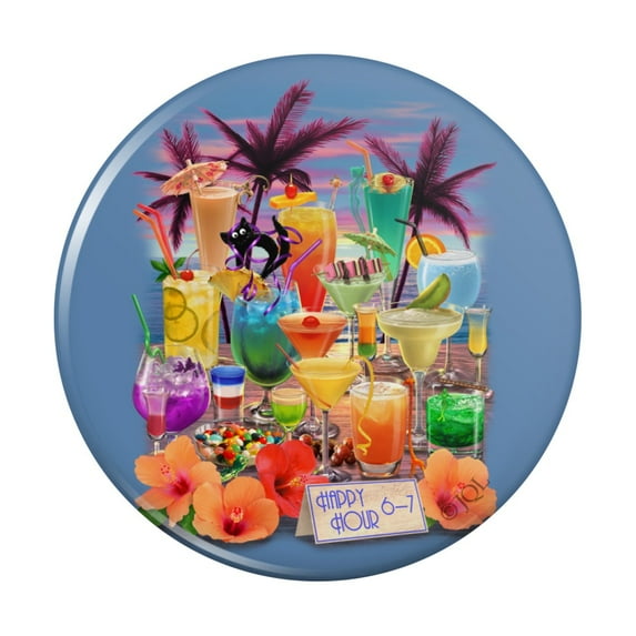 Tropical Vacation Happy Hour Beach Bar Drinks Kitchen Refrigerator Locker Button Magnet