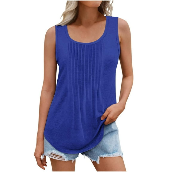 Tropical Vacation Outfits for Women,Solid Color Round Neck Sleeveless Casual Tee Tank,Smoothy And Cool Pleated Round Neck Sleeveless Tops for Women Casual Flowy.