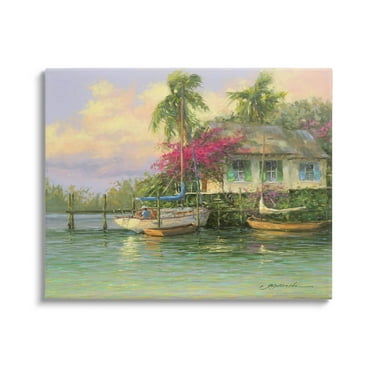 Tropical Vacation Seaside House Landscape Painting Gallery Wrapped Canvas Print Wall Art