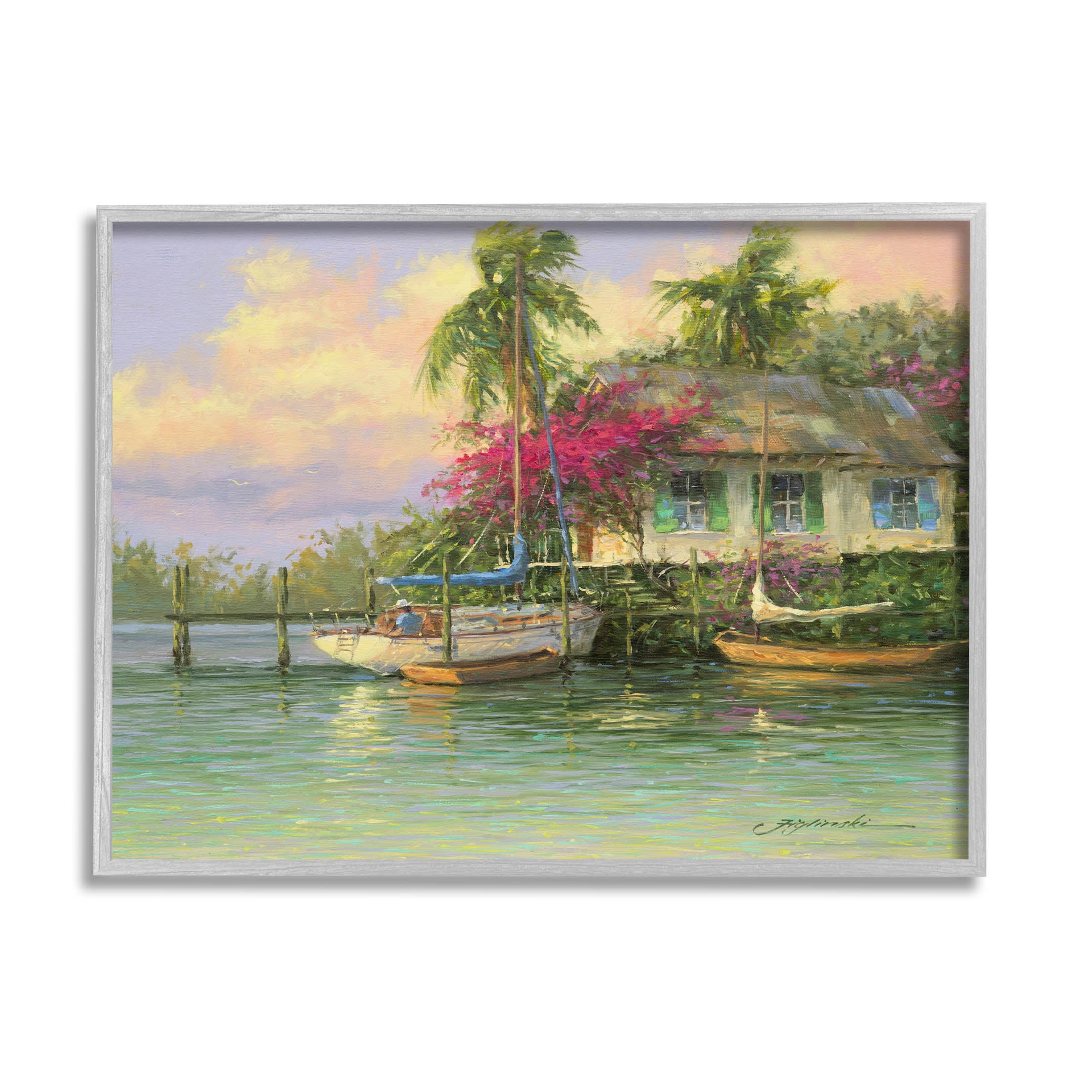 Tropical Vacation Seaside House Landscape Painting Gray Framed Art Print Wall Art