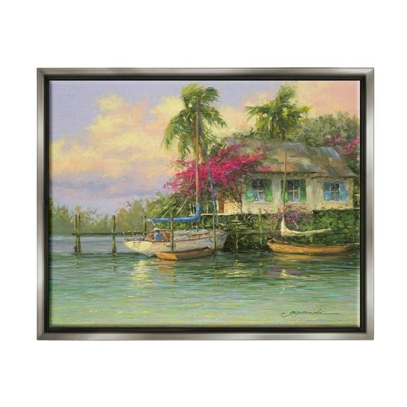 Tropical Vacation Seaside House Landscape Painting Luster Gray Framed Art Print Wall Art