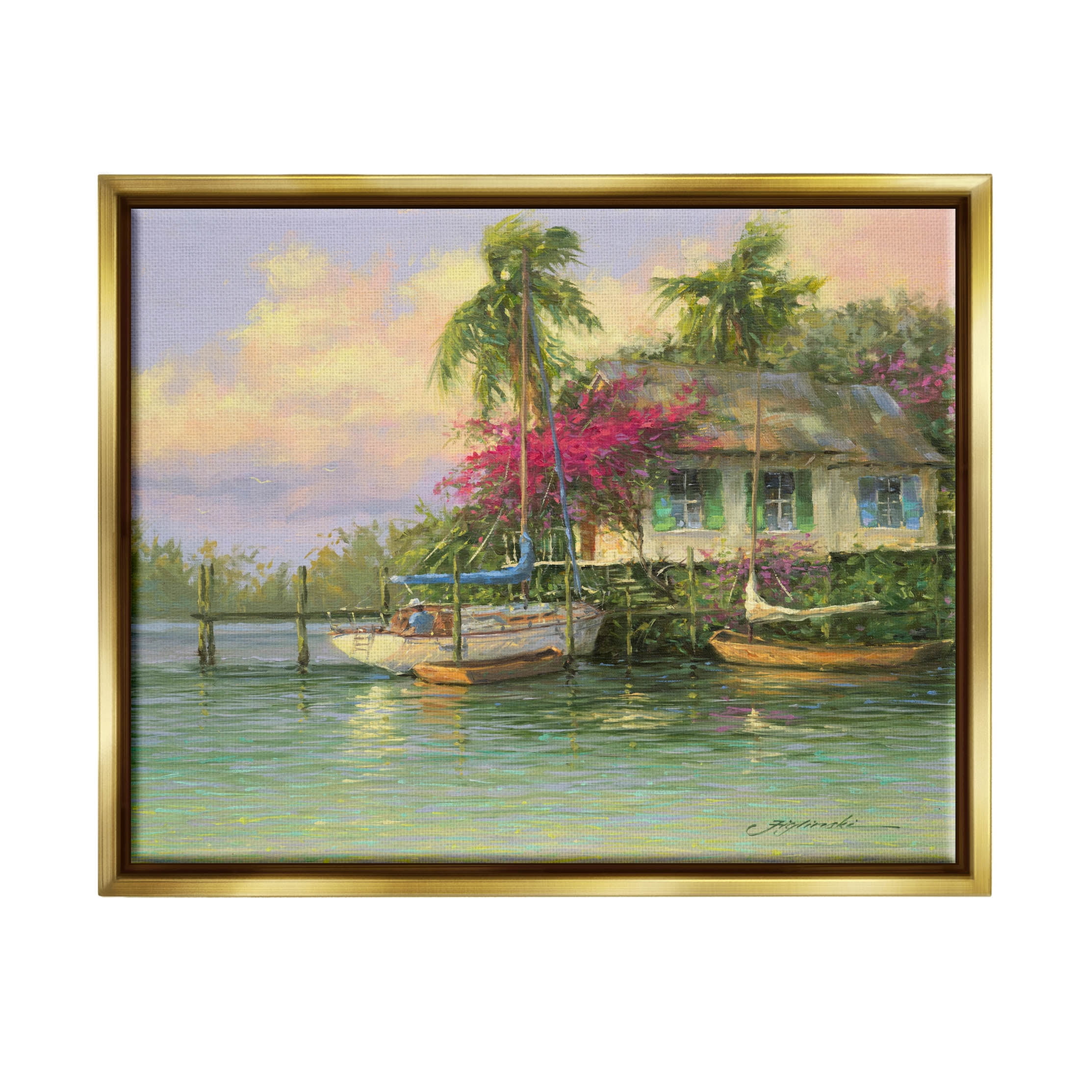 Tropical Vacation Seaside House Landscape Painting Metallic Gold Framed Art Print Wall Art