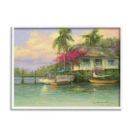 Tropical Vacation Seaside House Landscape Painting White Framed Art Print Wall Art