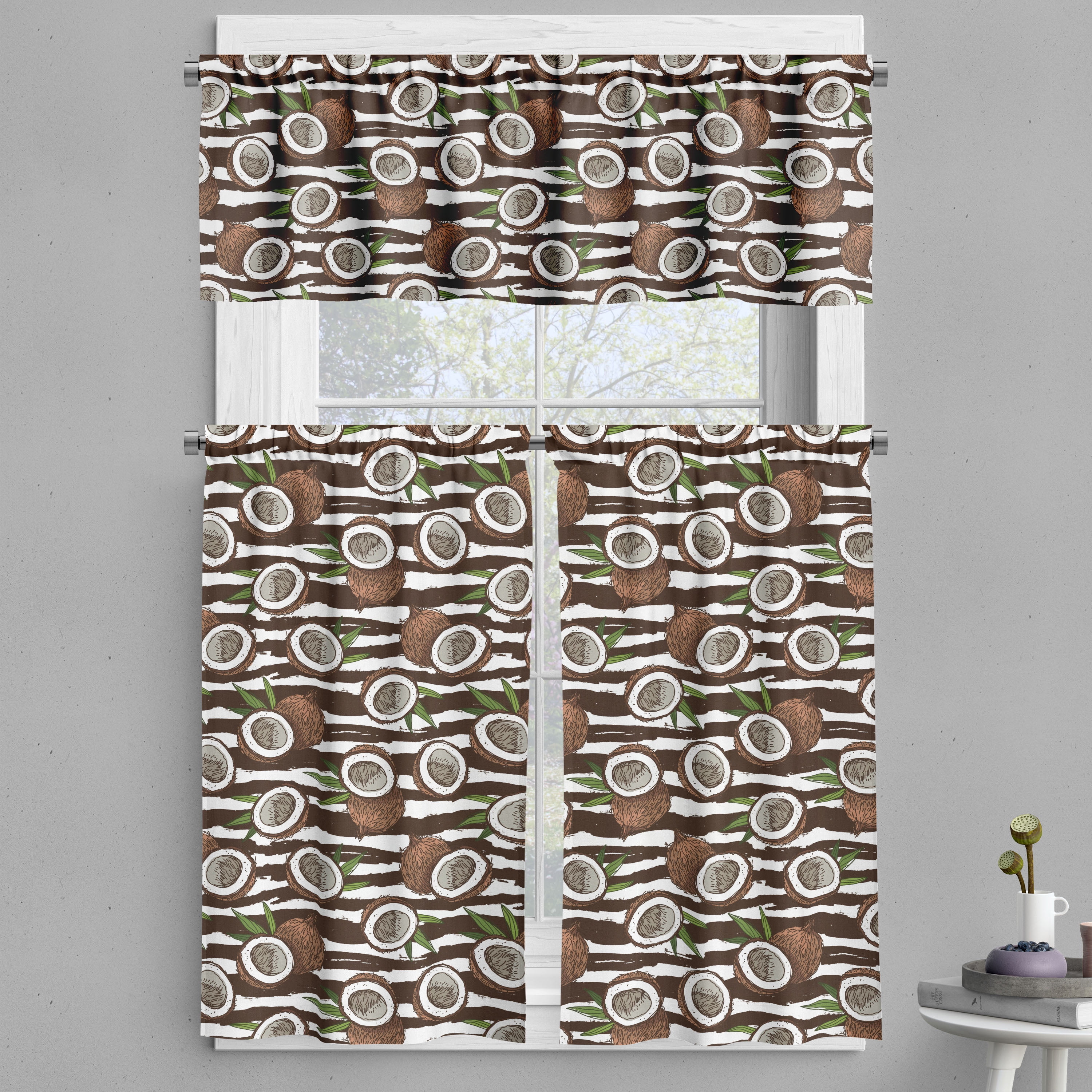 Tropical Valance & Tier Curtain 3 pcs Set, Coconut Palm Tree Exotic