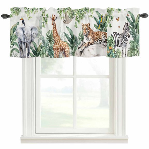 Tropical Valances for Windows Elephant Giraffe Tiger Zebra Rod Pocket Curtain Valance Window Treatment Short Curtains for Kitchen Living Room, 42"x18"