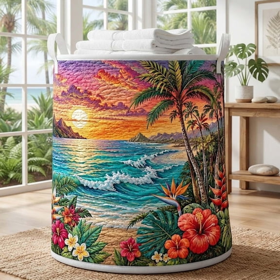 Tropical Vibe Quilted Laundry Basket: Sunset Beach Fabric Hamper, Hawaiian Theme Gift