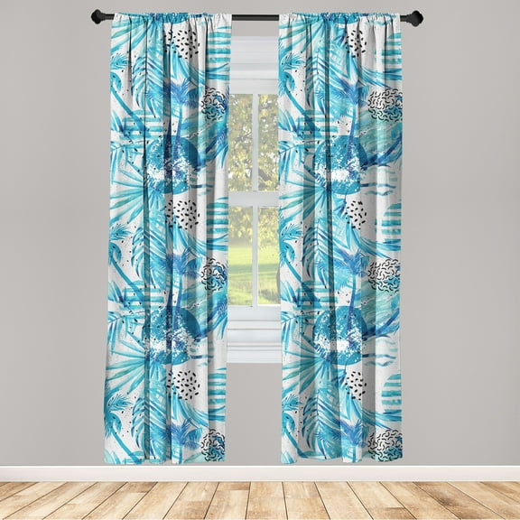 Tropical Vibe Window Curtains, Exotics Themed Palm Tree Silhouettes with Abstract Round Pattern, Lightweight Decor 2-Panel Set with Rod Pocket, Pair of - 28"x84", Sea Blue Off White Aqua, by Ambesonne