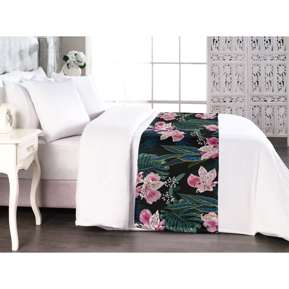 Tropical Vibes Bed Runner, Dreamy Dark Jungle Scene with Floral Boho and Monstera Leaves, Decorative Accent Bedding Scarf for Hotels Homes & Guest Rooms, King, Pale Pink Hunter Green, by Ambesonne