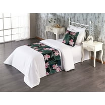 Tropical Vibes Bed Runner Set, Dreamy Dark Jungle Scene with Floral Boho and Monstera Leaves, Decorative Bedding Scarf & a Pillow Sham for Hotels Homes, Twin, Pale Pink Hunter Green, by Ambesonne